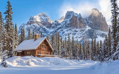 Fototapeta premium A secluded winter cabin at the edge of a snowy forest with towering peaks in the background