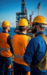 Three oil rig workers in hard hats and safety vests observe an offshore oil platform.