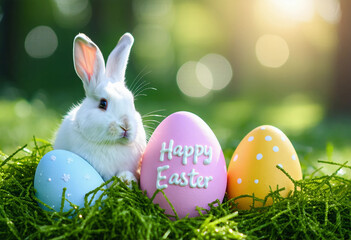 Fototapeta premium Colorful eggs with Easter bunny and text Happy Easter on blurred background in pastel colors