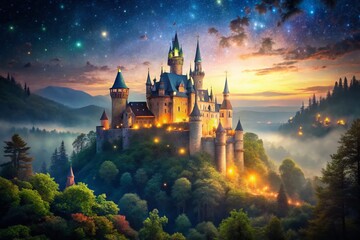 Fototapeta premium Magical Enchanted Castle Starry Night Bokeh Photography