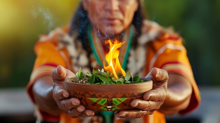 Sacred Ceremony Burning Herbs - Indigenous ritual, burning herbs, spiritual cleansing, cultural tradition, ancient wisdom.