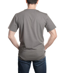 Obraz premium Man in blank grey t-shirt on white background, back view. Mockup for design