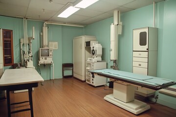 Embark on an exploration of a vintage radiology room that showcases early Xray machines and diverse medical equipment from the 1920s, ideal for indepth historical studies and curiosity