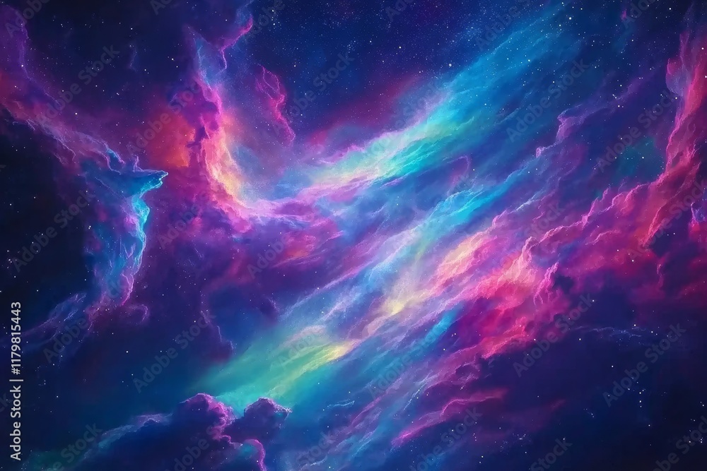 Poster mesmerizing cosmic nebula with vibrant colors and stellar highlights in a starry background evoking 