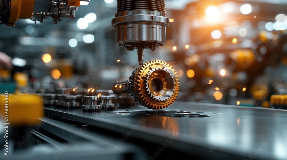 Poster industrial machine efficiently processing metal parts in a workshop environment with focus on precis