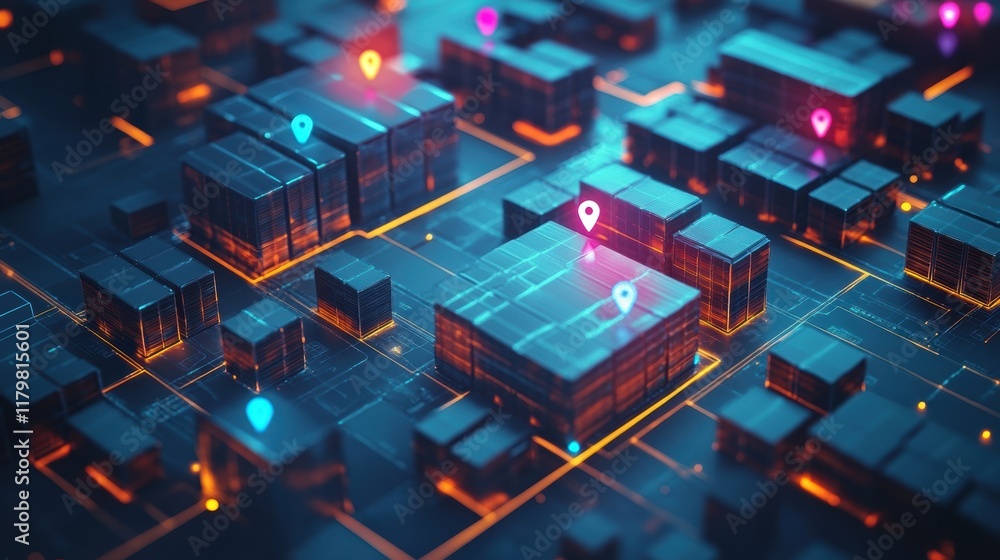 Poster glowing location indicators hovering over metallic cubes illustrate products within a futuristic man