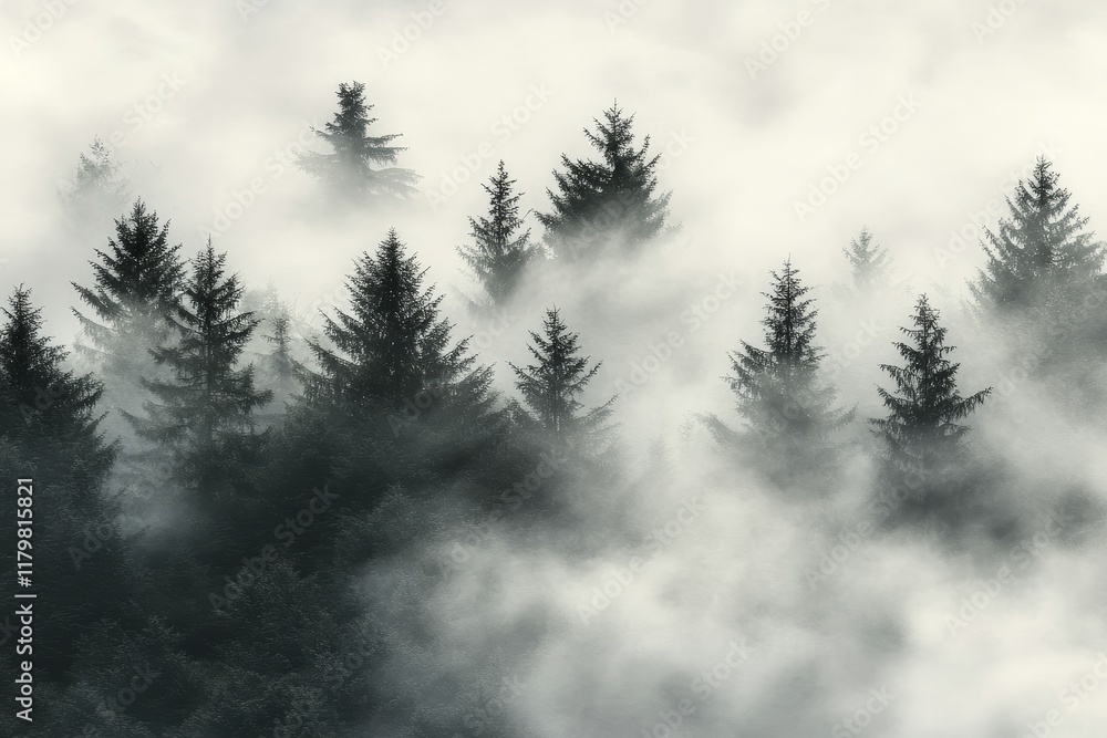 Poster misty forest landscape with evergreen trees surrounded by fog, creating a mysterious and enchanting 