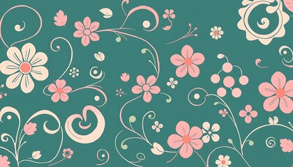 Pastel Pink Flowers Teal Background Floral Design Pattern