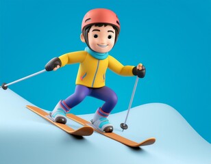 3D illustration happy cartoon skier glides down a snowy slope