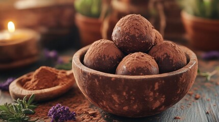 Delicious Chocolate Truffles in Rustic Bowl on Wooden Table