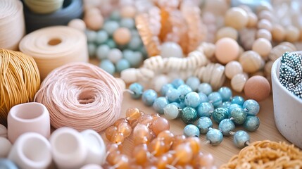 A set of pastel and natural beads with string displayed for crafting projects