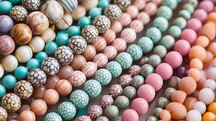 A pastel and natural wood beaded string set arranged in an artistic pattern