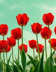 Fototapeta premium tulips with rich green leaves and a warm abstract blue background