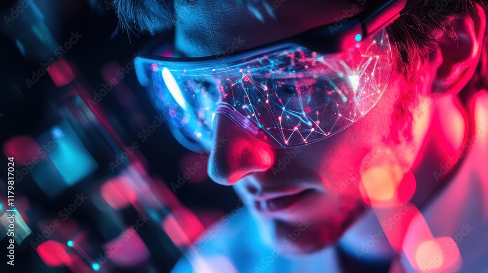 Poster engineer wearing futuristic augmented reality glasses is analyzing data and information while workin
