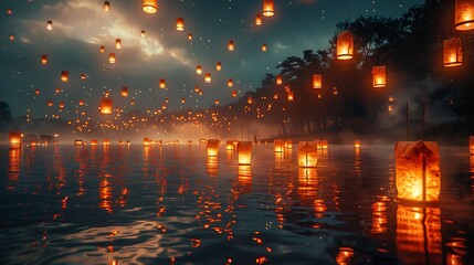 Obraz premium Glowing Sky Lanterns Floating On Calm Water At Night