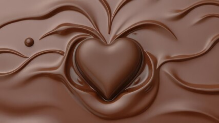 Naklejka premium A heart-shaped chocolate emerges from a wave of melted chocolate, texture, sweet, smooth