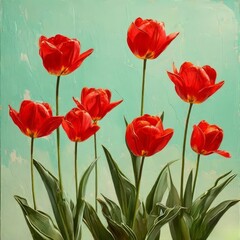 Fototapeta premium tulips with rich green leaves and a warm abstract blue background