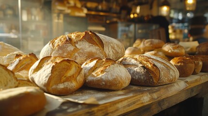 Freshly Baked Artisan Bread on Wooden Table in Cozy Bakery