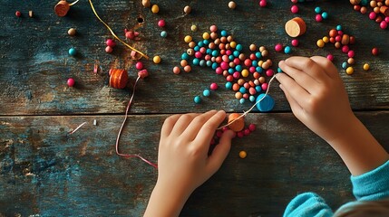 A child threading colorful wooden beads onto a string on a wooden table