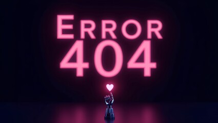 Error 404 futuristic neon-lit scene Below the text robotic hand with a raised pinky finger is holding up a glowing pink heart pink color text 
