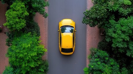 A vivid yellow car drives along a tree-lined path in nature