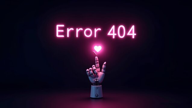 Error 404 futuristic neon-lit scene Below the text robotic hand with a raised pinky finger is holding up a glowing pink heart pink color text 