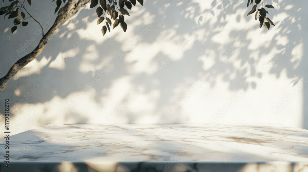 Poster marble platform with leaf shadow play for product display or background