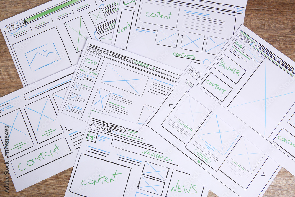 Poster developing ui design. sketches of website wireframes on wooden table, top view