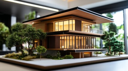 Fototapeta premium balancing the property sector The real estate agent is explaining the house style to see the house design and the purchase agreement.Wooden house at modern office