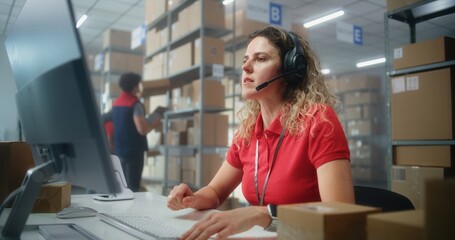 Female customer support specialist in logistics talks to customer on call using headset, uses...