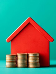 A vibrant red house silhouette stands next to stacks of golden coins, symbolizing real estate investment and financial growth against a teal background.