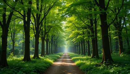 Fototapeta premium Walkway in a green spring beech forest in Leuven, Belgium. Beautiful natural tunnel. Atmospheric landscape. Eco tourism, travel destinations, environmental conservation, pure nature..