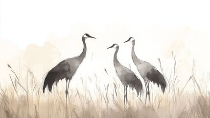 Obraz premium Three graceful cranes stand tall in a field of tall grass, a serene watercolor-style painting.