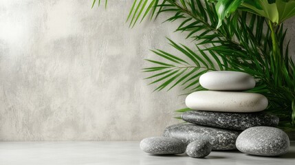 Spa massage stones on grey background with palm leaves with space for text.