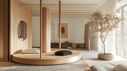A rotating wooden carousel displayed in a modern Scandinavian-inspired interior