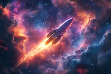 A rocket launches into a vibrant cosmic scene, surrounded by colorful nebulae and stars, symbolizing exploration and adventure in space.