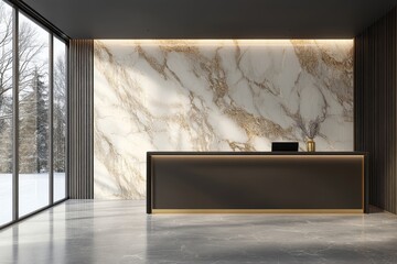 Modern Reception Area with Elegant Marble Wall and Minimalist Furniture in Contemporary Design, Showcasing Bright Sunlight through Large Windows