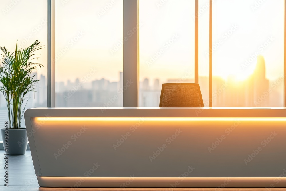 Poster modern reception desk with illuminated features and sunlight streaming through windows in a contempo