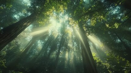 Fototapeta premium Towering redwood trees with sunlight streaming through the dense forest canopy