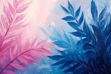 Obraz premium Tropical leaves in pink and blue neon, summer background