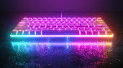 Vibrant Neon Keyboard on Reflective Surface, Gaming Setup.