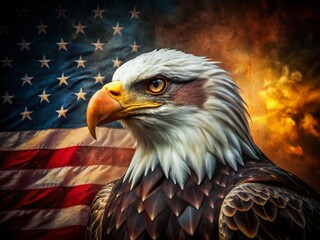 Naklejka premium Majestic Bald Eagle on Grunge American Flag - Low Light Photography Stock Photo