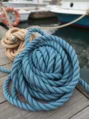 Thick braided nylon nautical mooring rope coiled on dock, texture, quay