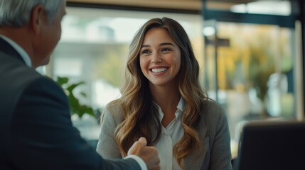 A smiling businesswoman confidently shakes hands with clients in a modern office setting, fostering trust and collaboration during a meeting.