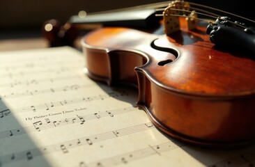 Fototapeta premium A beautiful violin rests gently on top of a carefully arranged sheet of music