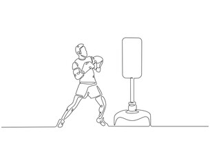 Continuous one line drawing of boxer hit punching bag. One line drawing illustration of boxer hitting heavy bag. Boxing, gym, training concept line art. Editable outline