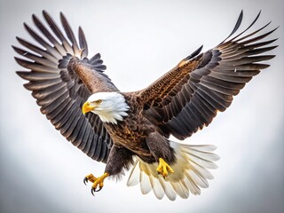 Obraz premium Majestic Bald Eagle Soaring, Isolated on White Background - Wildlife Stock Photo