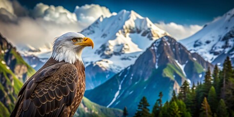 Obraz premium Majestic Bald Eagle Soaring Above Mountain Peaks - Wildlife Photography