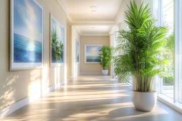Fototapeta premium Serene Hallway with Art and Lush Greenery in Bright Environment