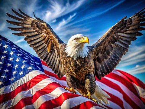 Majestic Bald Eagle Soaring Over American Flag: Patriotism Poster